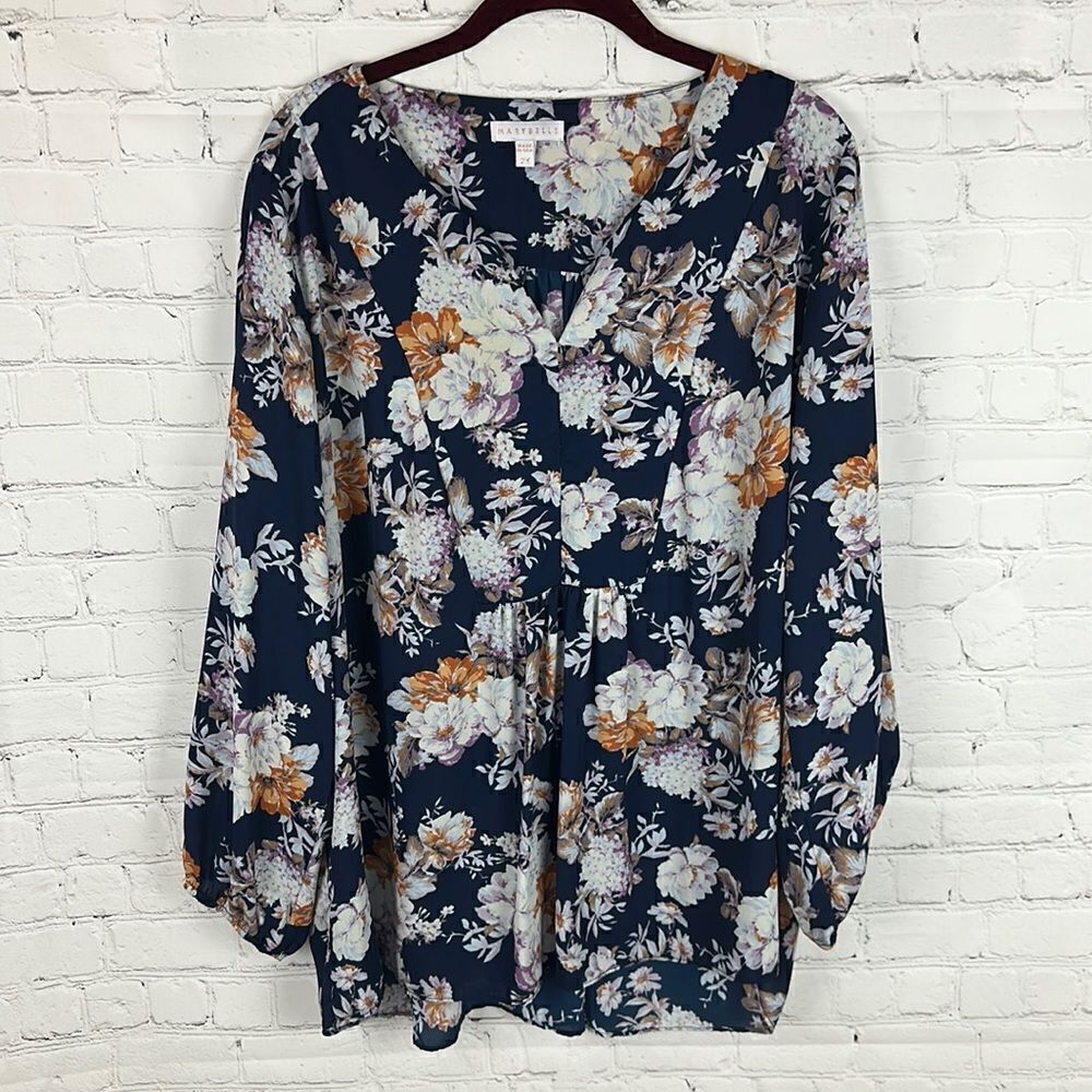 Marybelle Navy Long Sleeve Floral Print Blouse Size 2X